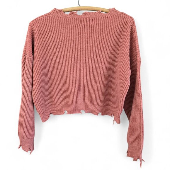Distressed Pink Knit Crop Sweater By Poof Apparel - Long Sleeve Crew Neck Large - Picture 2 of 8